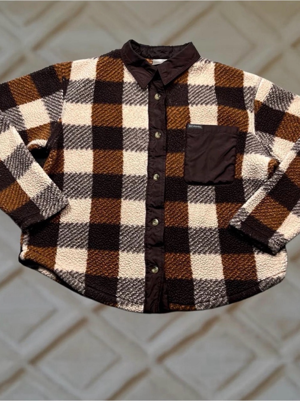 Columbia Women’s Brown Plaid Sherpa Button-Down Shirt Jacket